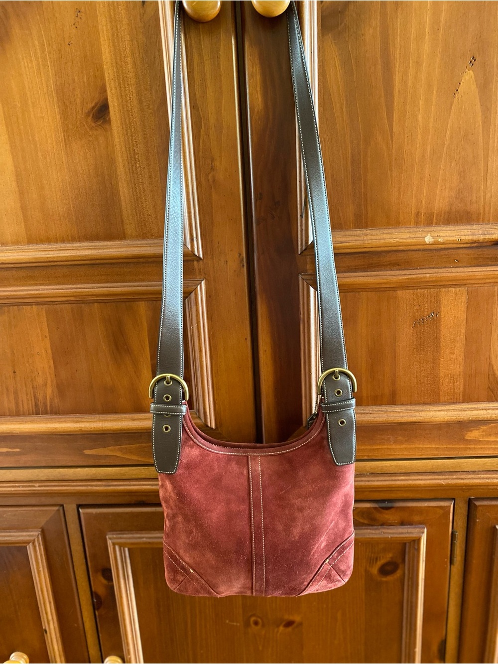 Vintage Coach Burgundy Suede Crossbody with Dark Brown Leather Straps
